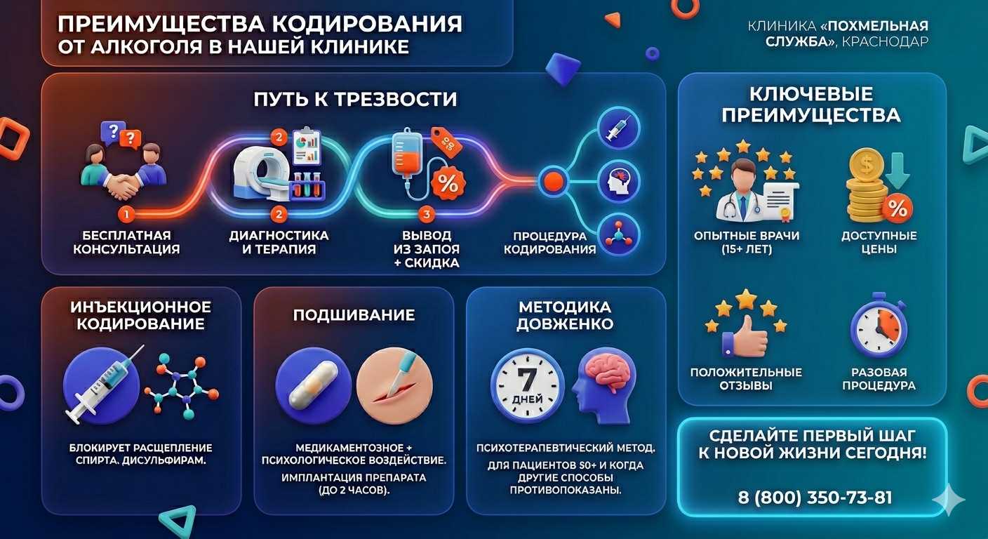 Инфографика о методах кодирования от алкоголя в Вычегодском: инъекции, подшивание, метод Довженко. Преимущества клиники и этапы лечения.