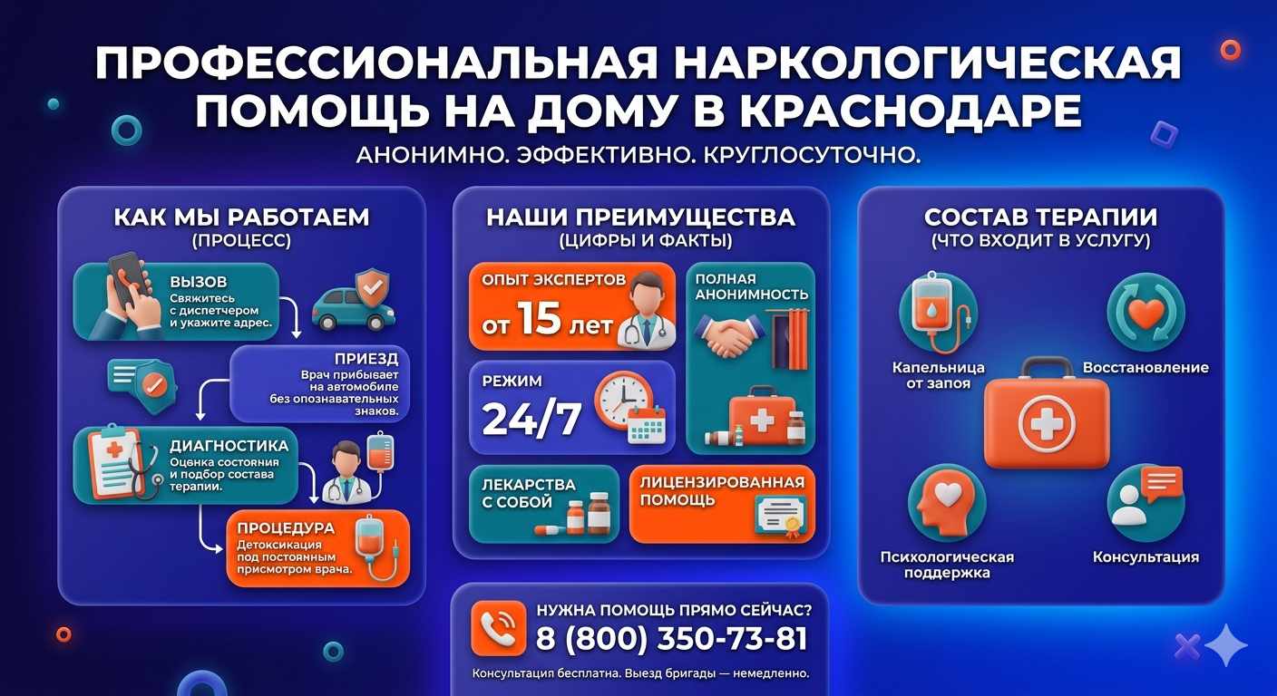 Инфографика о принципах лечения алкоголизма на дому в Вычегодском: этапы вызова нарколога, преимущества анонимной детоксикации и состав медицинской помощи.